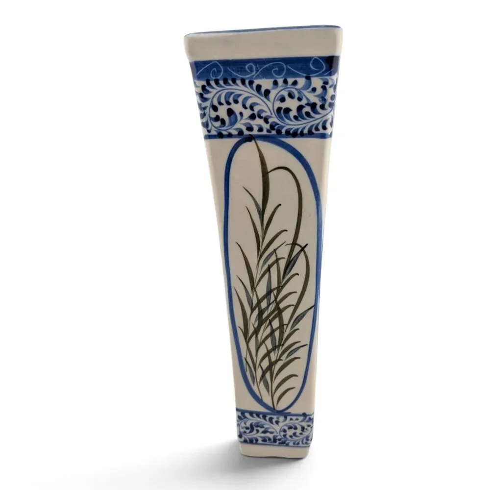 Tall Square Ceramic Vase Blue White Asian Style Bamboo Botanical 11 1/8